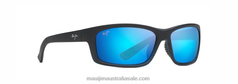 Kanaio Coast Polarized Wrap Sunglasses Maui Jim TVVRT424 Matte Translucent Blue Black with Stripe/Blue Hawaii