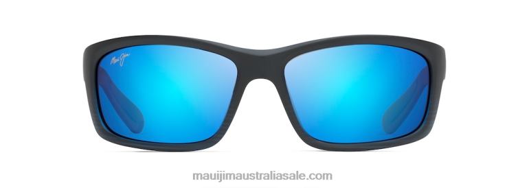 Kanaio Coast Polarized Wrap Sunglasses Maui Jim TVVRT424 Matte Translucent Blue Black with Stripe/Blue Hawaii