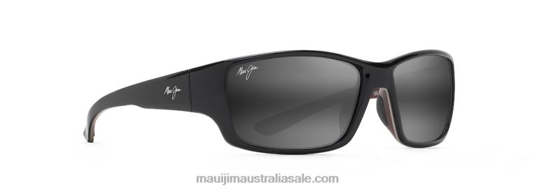 Local Kine Polarized Wrap Sunglasses Maui Jim TVVRT369 Shiny Black with Grey and Maroon/Neutral Grey
