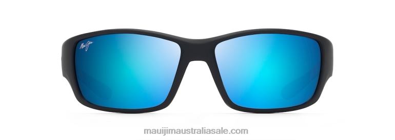Local Kine Polarized Wrap Sunglasses Maui Jim TVVRT370 Soft Black with Sea Blue and Grey/Blue Hawaii