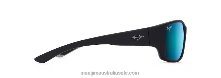 Local Kine Polarized Wrap Sunglasses Maui Jim TVVRT370 Soft Black with Sea Blue and Grey/Blue Hawaii